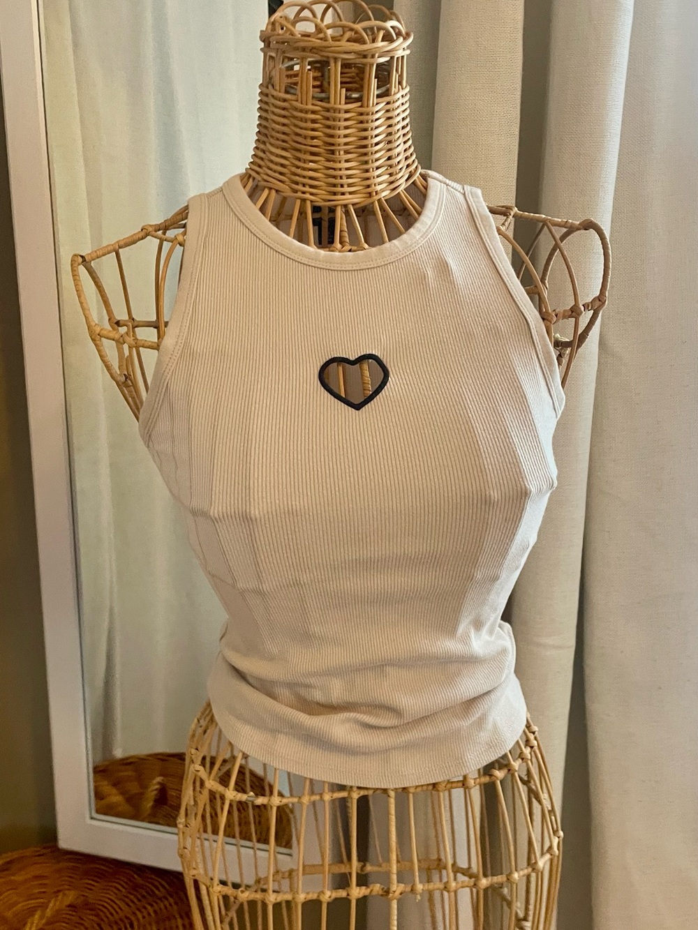 XS Women’s Cream Ribbed High Neck Tank Top with Heart Cutout